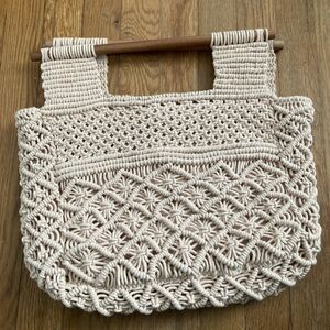 Shiraleah Crochet 'Om' Fold Clutch Purse Handbag Blush Wood Handle Boho Indie